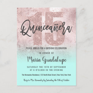 Girly Grunge Roos Gouden Munt Glitter Quinceañera Uitnodiging Briefkaart