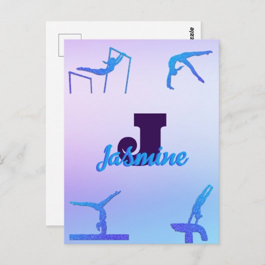 Girly Gymnastiek Blauw Paarse Monogram Gepersonali Briefkaart (Voorkant / Achterkant)
