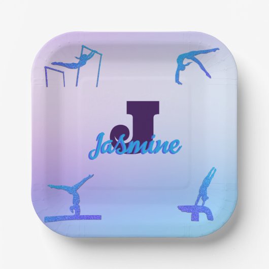 Girly Gymnastiek Blauw Paarse Monogram Gepersonali Papieren Bordje (Voorkant)