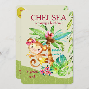 Girly Happy Monkey Birthday Invite Kaart