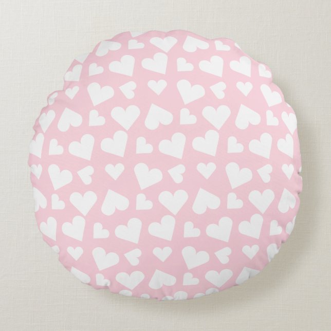 Girly Heart Pattern Pink White Rond Kussen (Voorkant)