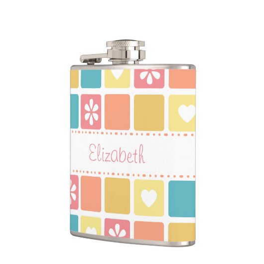 Girly Heart Square Pattern Retro Daisy Flowers Heupfles (Links)