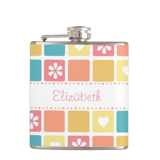 Girly Heart Square Pattern Retro Daisy Flowers Heupfles (Voorkant)