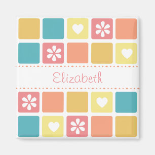 Girly Heart Square Pattern Retro Daisy Flowers Magneet