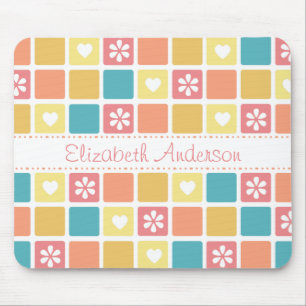 Girly Heart Square Pattern Retro Daisy Flowers Muismat
