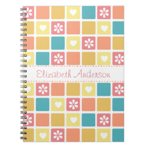 Girly Heart Square Pattern Retro Daisy Flowers Notitieboek