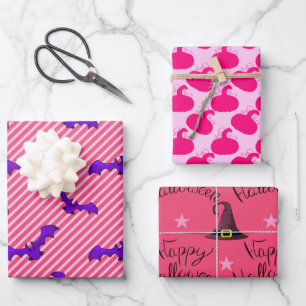 Girly Heet Roze Gelukkig Halloween Gemengd Patroon Inpakpapier Vel