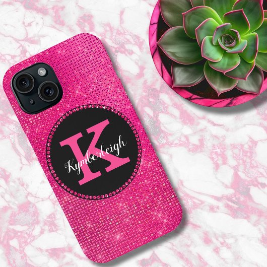 Girly Heet Roze Zwart Glam Diamant Monogram Naam Case-Mate iPhone Case
