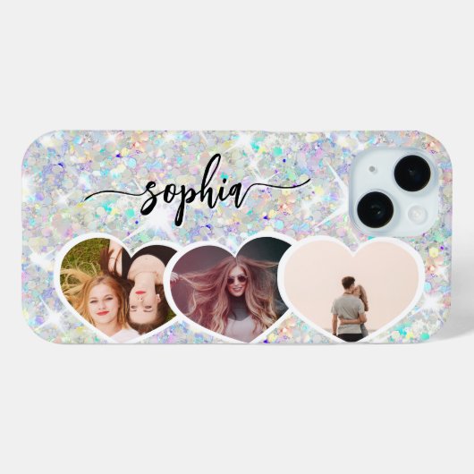 Girly Holographic Glitter Aangepaste Fotocollage Case-Mate iPhone Case (Achterkant (horizontaal))