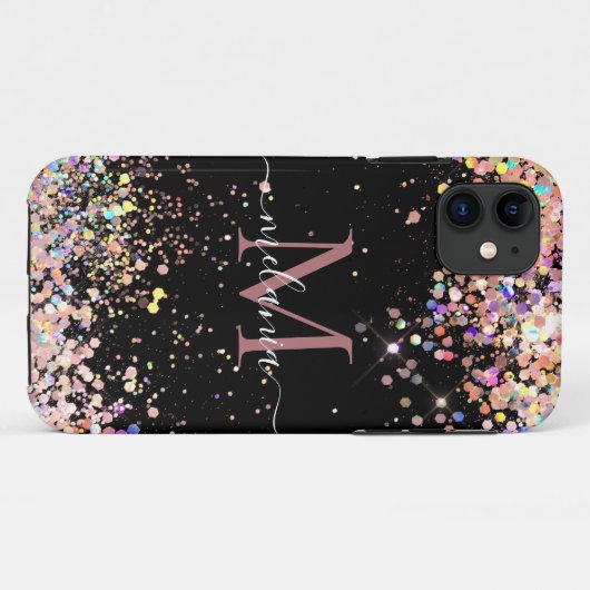 Girly Holographic Glitter Monogram Name Black Case-Mate iPhone Case (Achterkant (horizontaal))