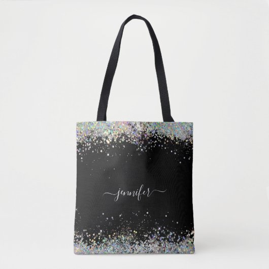 Girly Holographic Glitter Monogram Name Black Draagtas (Voorkant)