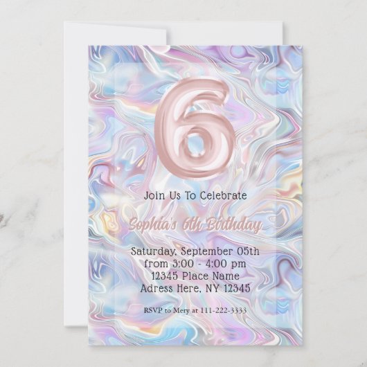 Girly Holographic Marble Swirl 6e verjaardag Kaart (Voorkant)