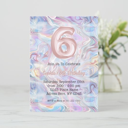 Girly Holographic Marble Swirl 6e verjaardag Kaart (Staand voorkant)