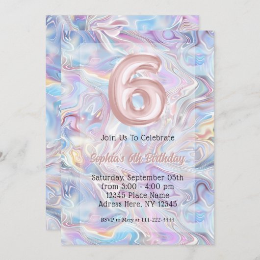 Girly Holographic Marble Swirl 6e verjaardag Kaart (Voorkant / Achterkant)