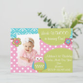 Girly Hoot Owl Design Anniversaire Invitation (Debout devant)