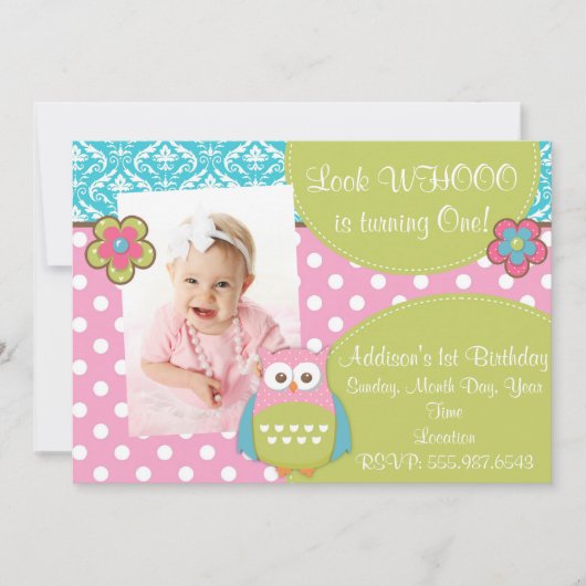 Girly Hoot Owl Design Verjaardag Uitnodiging (Voorkant)