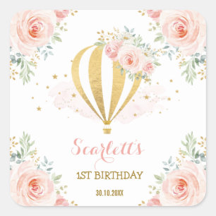 Girly Hot Air ballon Blush Pink Floral Birthday Vierkante Sticker