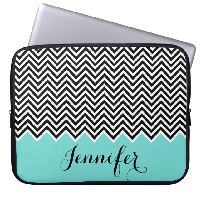 GIRLY HOT BLAUWGROEN BLAUW zwart wit Chevron Custo Laptop Sleeve (Voorkant)
