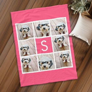 Girly Hot Pink 8 Photo Collage White Monogram Fleece Deken