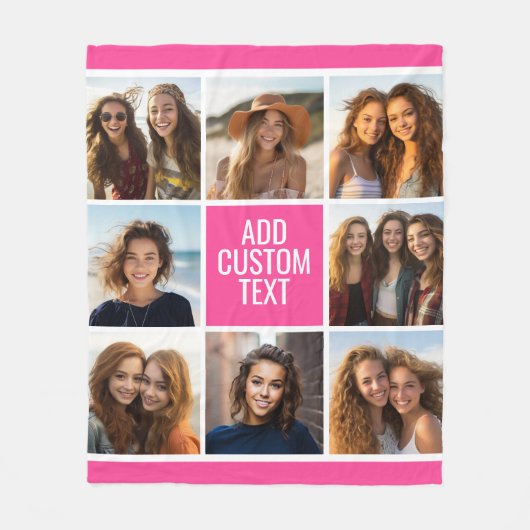 Girly Hot Pink 8 Square Photo Collage Monogram Fleece Deken (Voorkant)