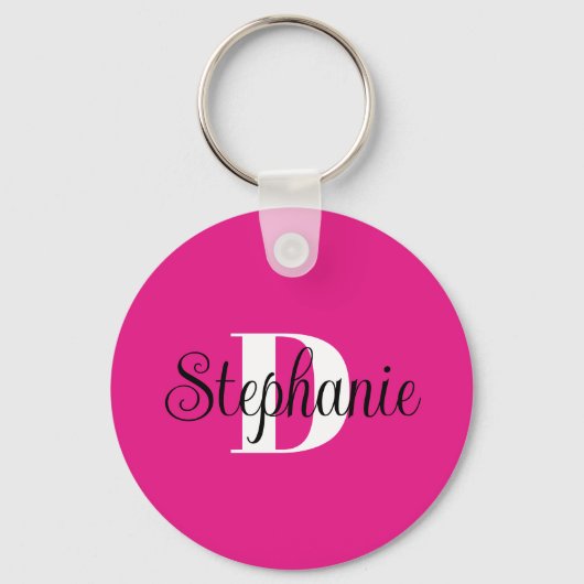 Girly Hot Pink Black and White Modern Monogram Sleutelhanger (Voorkant)