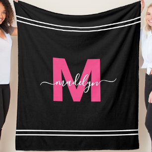 Girly Hot Pink Black Script Naam Monogram Fleece Deken