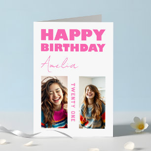 Girly Hot Pink Bold Typografie Foto Verjaardag Kaart