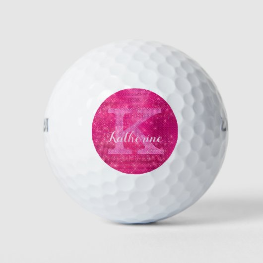 Girly Hot Pink Cool Diamond Sparkle Monogram Naam Golfballen (Voorkant)