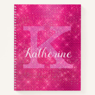 Girly Hot Pink Diamond Glam Sparkle Monogram Naam Notitieboek