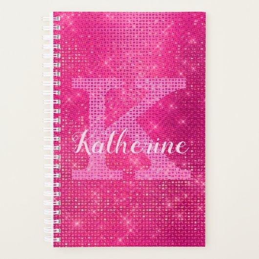 Girly Hot Pink Diamond Glam Sparkle Monogram Naam Planner (Voorkant)