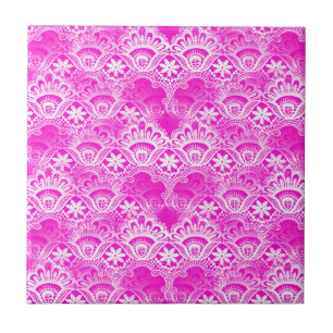 Girly Hot Pink Fuchsia White Lace Damask Tegeltje