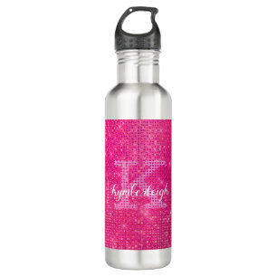 Girly Hot Pink Glam Diamond Glitter Monogram Naam  Waterfles