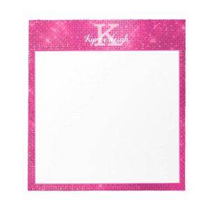 Girly Hot Pink Glam Glitter Sparkle Monogram Naam Notitieblok