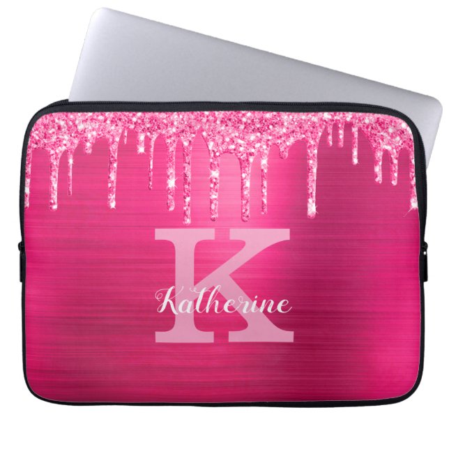 Girly Hot Pink Glitter Drift Chic Monogram Naam Laptop Sleeve (Voorkant)