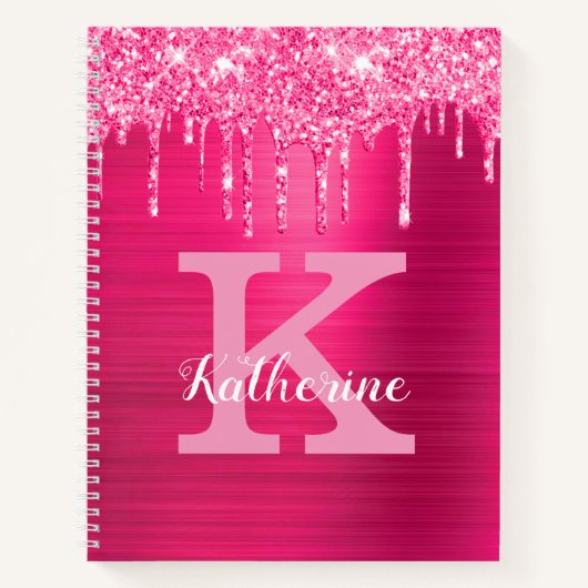 Girly Hot Pink Glitter Drift Cool Monogram Name Notitieboek (Voorkant)