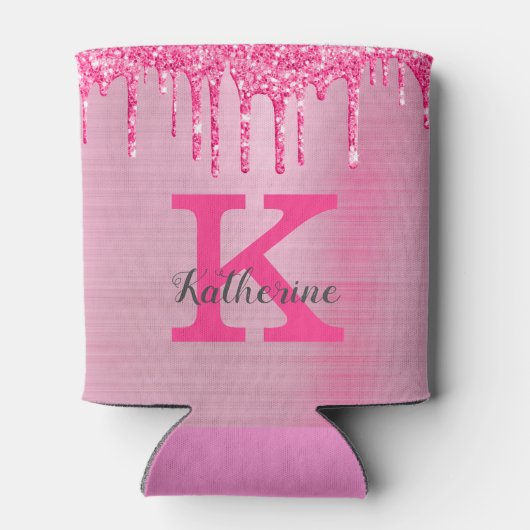 Girly Hot Pink Glitter Drift Glam Monogram Naam Blikjeskoeler (Achterkant)