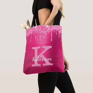 Girly Hot Pink Glitter Drift Glam Monogram Naam Draagtas