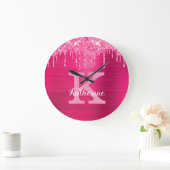 Girly Hot Pink Glitter Drift Glam Monogram Naam Grote Klok (Huis)