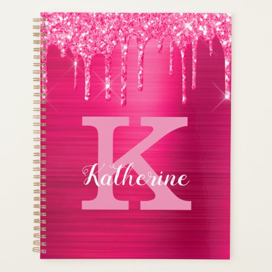 Girly Hot Pink Glitter Drift Glam Monogram Naam Planner (Voorkant)