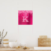 Girly Hot Pink Glitter Drift Glam Monogram Naam Poster (Keuken)