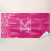 Girly Hot Pink Glitter Drift Glam Monogram Naam Strandlaken (Voorkant)