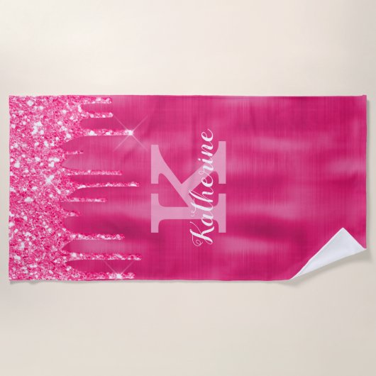 Girly Hot Pink Glitter Drift Glam Monogram Naam Strandlaken (Voorkant)