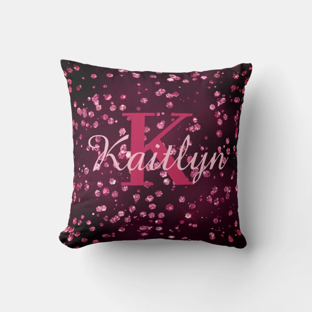 Girly Hot Pink Glitter Glam Monogram Script Kussen (Voorkant)