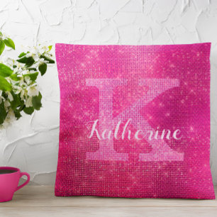 Girly Hot Pink Glitter Glam Sparkle Monogram Naam Kussen