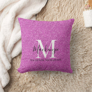 Girly Hot Pink Glitter Monogram Naam Kussen