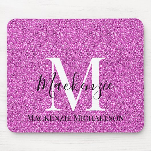 Girly Hot Pink Glitter Monogram Naam Muismat (Voorkant)