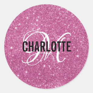 Girly Hot Pink Glitter Monogram Naam Ronde Sticker