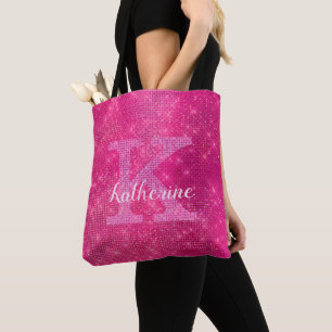 Girly Hot Pink Glitter Sparkle Glam Monogram Naam Draagtas