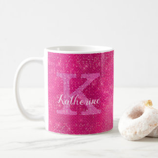 Girly Hot Pink Glitter Sparkle Glam Monogram Naam Koffiemok