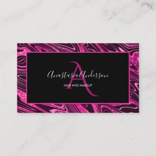 Girly Hot Pink Marble Glitter Fun Elegant Monogram Visitekaartje (Voorkant)